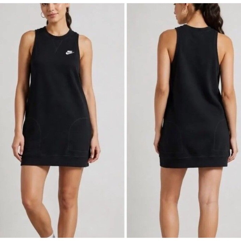 Nike Tank Top Sweatshirt Dress M Black Mini Crewneck Active Cotton Pockets